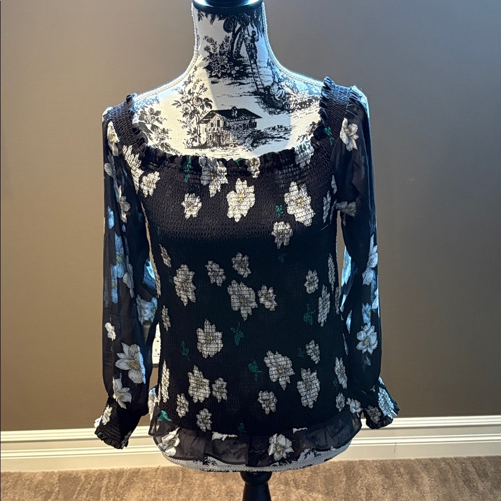 Ricki's Black Floral Smocked Square-Neck Blouse